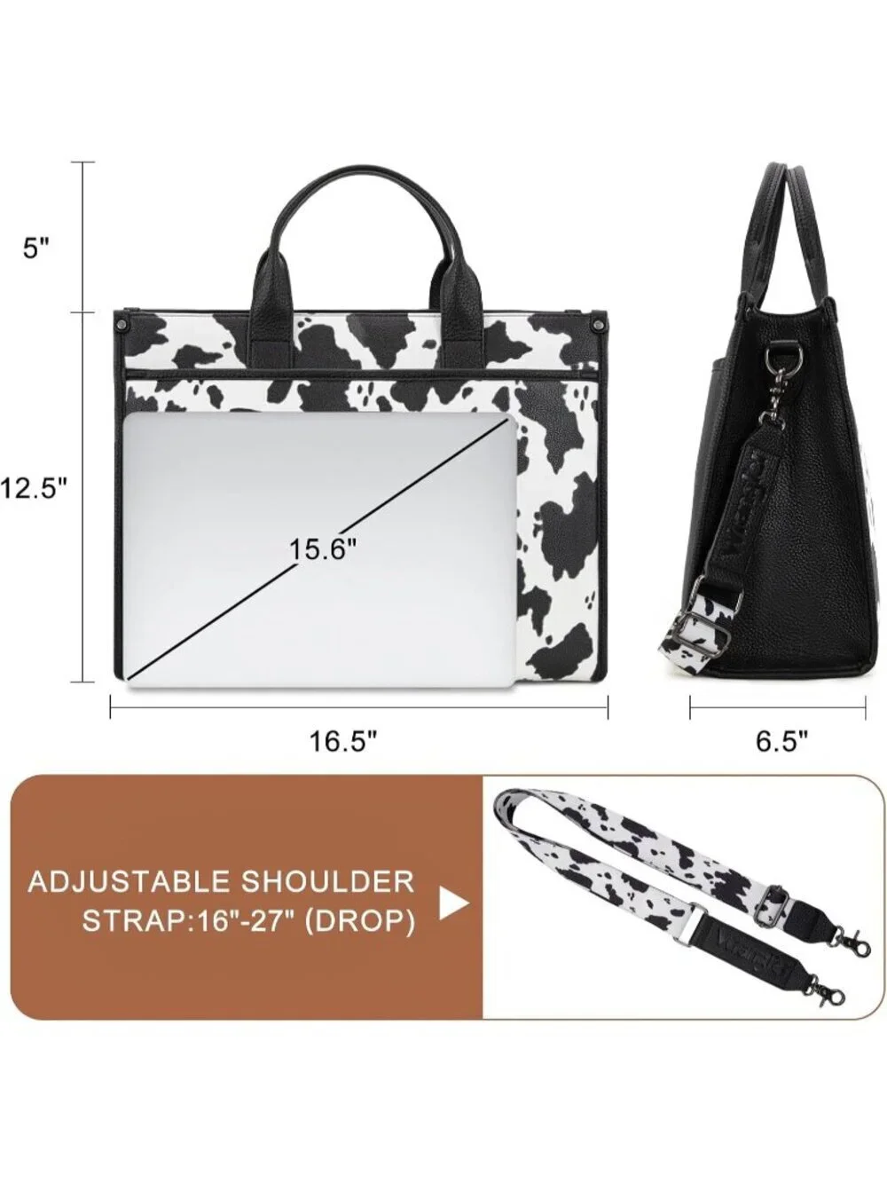 Women's Cow-black Business Briefcase Handbag Adjustable Shoulder Strap Tote Bag